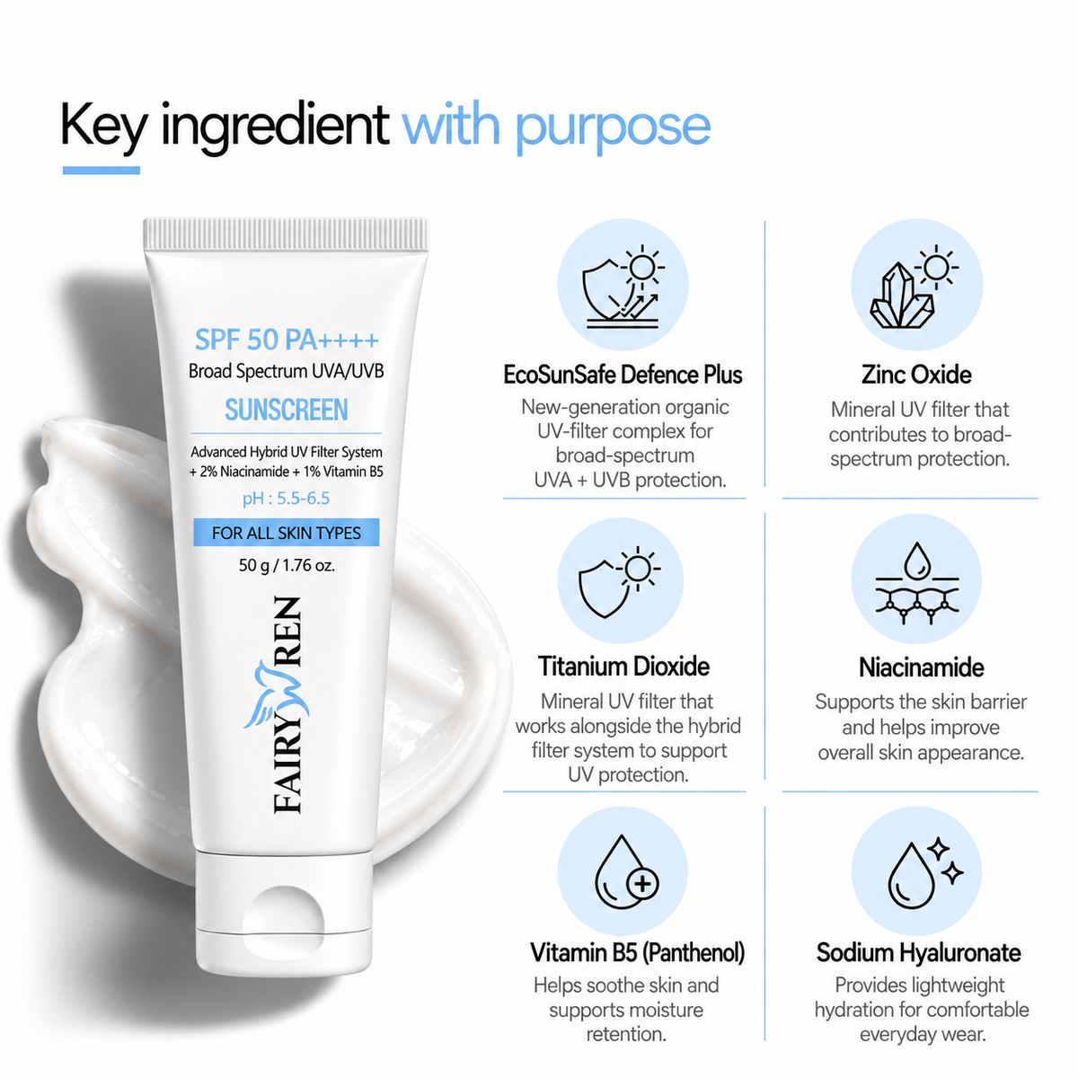SPF 50 PA++++ Broad Spectrum Sunscreen With Advanced Hybrid UV Filter System + 2% Niacinamide + 1% Vitamin B5
